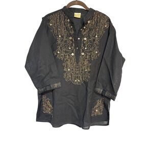 Black Embellished Tunic Top Long Sleeve Blouse Womens Sz L‎ Boho Festival